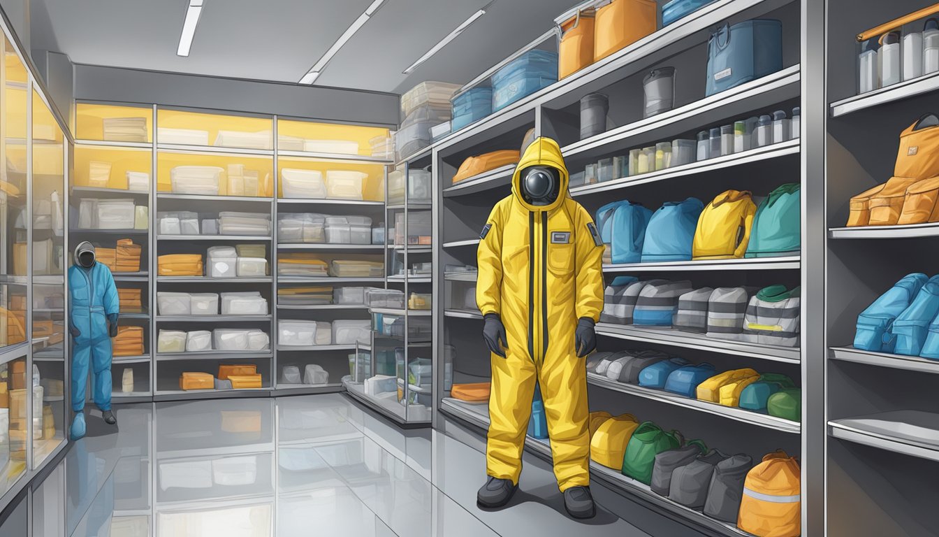 A hazmat suit is displayed in a well-lit store in Singapore, with shelves of safety equipment in the background