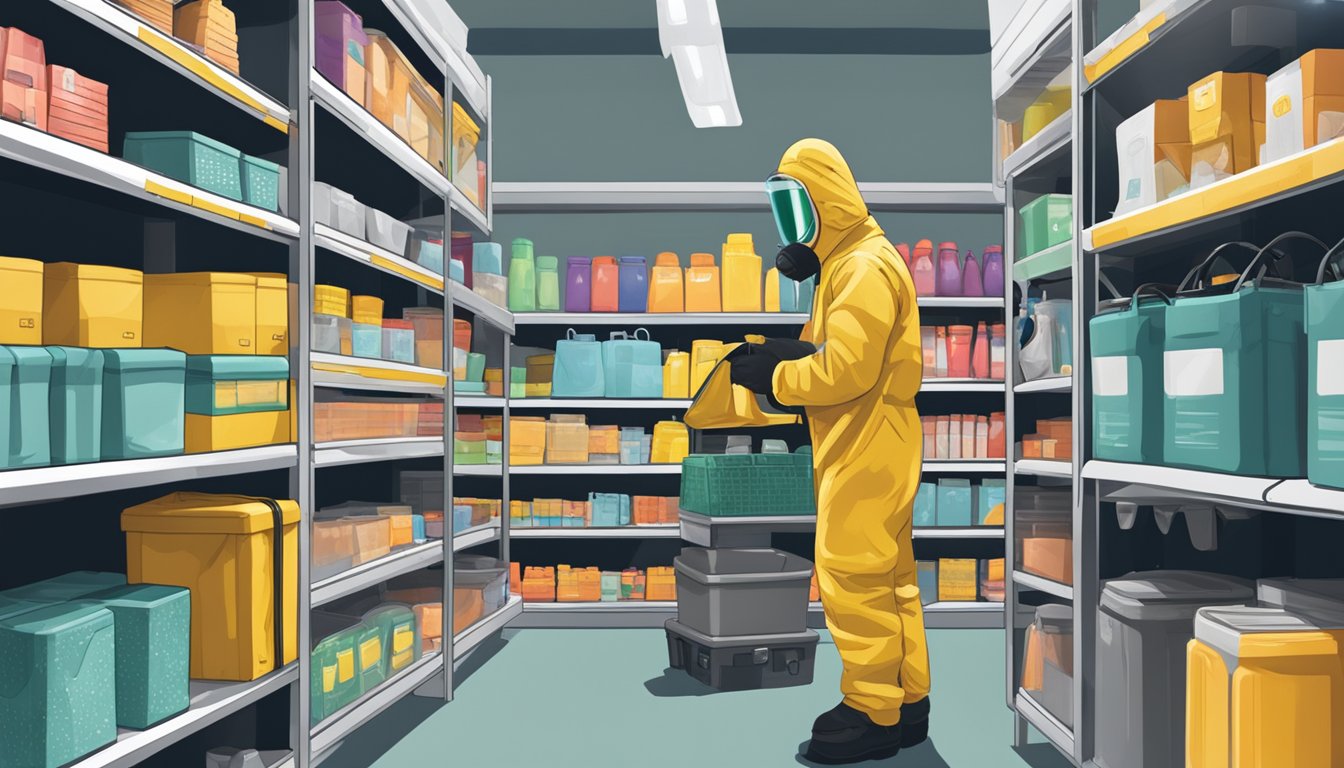 A person in a hazmat suit browsing through shelves of protective gear in a well-lit store in Singapore