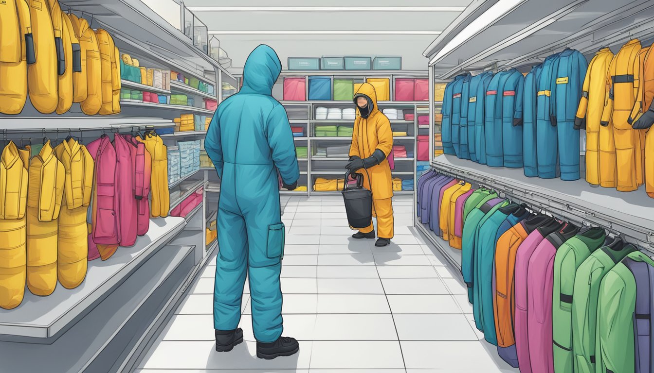 A person browsing through a variety of purchasing options and safety resources for hazmat suits in a store in Singapore