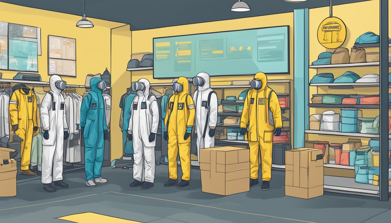 A display of hazmat suits in a Singapore store, with a sign reading "Frequently Asked Questions: Where to buy hazmat suit in Singapore."