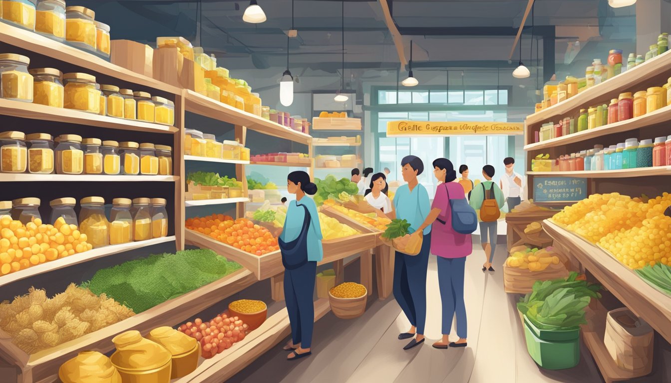 A bustling organic market in Singapore, shelves stocked with jars of golden organic ghee, colorful signage promoting its health benefits