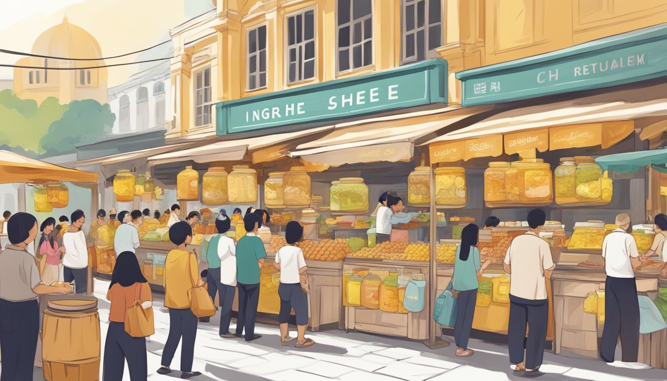A bustling marketplace in Singapore, with colorful stalls showcasing jars of organic ghee. Customers eagerly sample and purchase the creamy, golden product