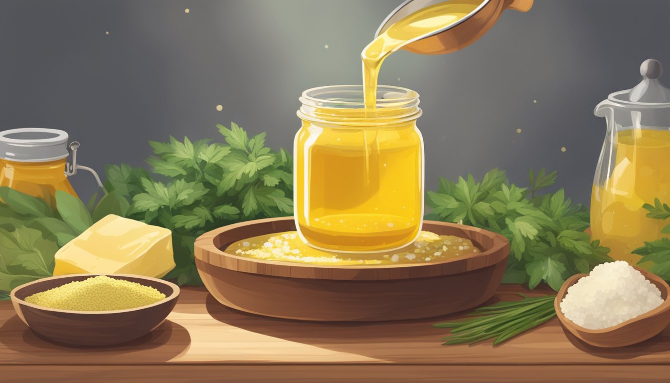 A jar of organic ghee sits on a wooden table, surrounded by fresh herbs and spices. A spoonful of ghee is being drizzled onto a sizzling pan, filling the air with a rich, nutty aroma