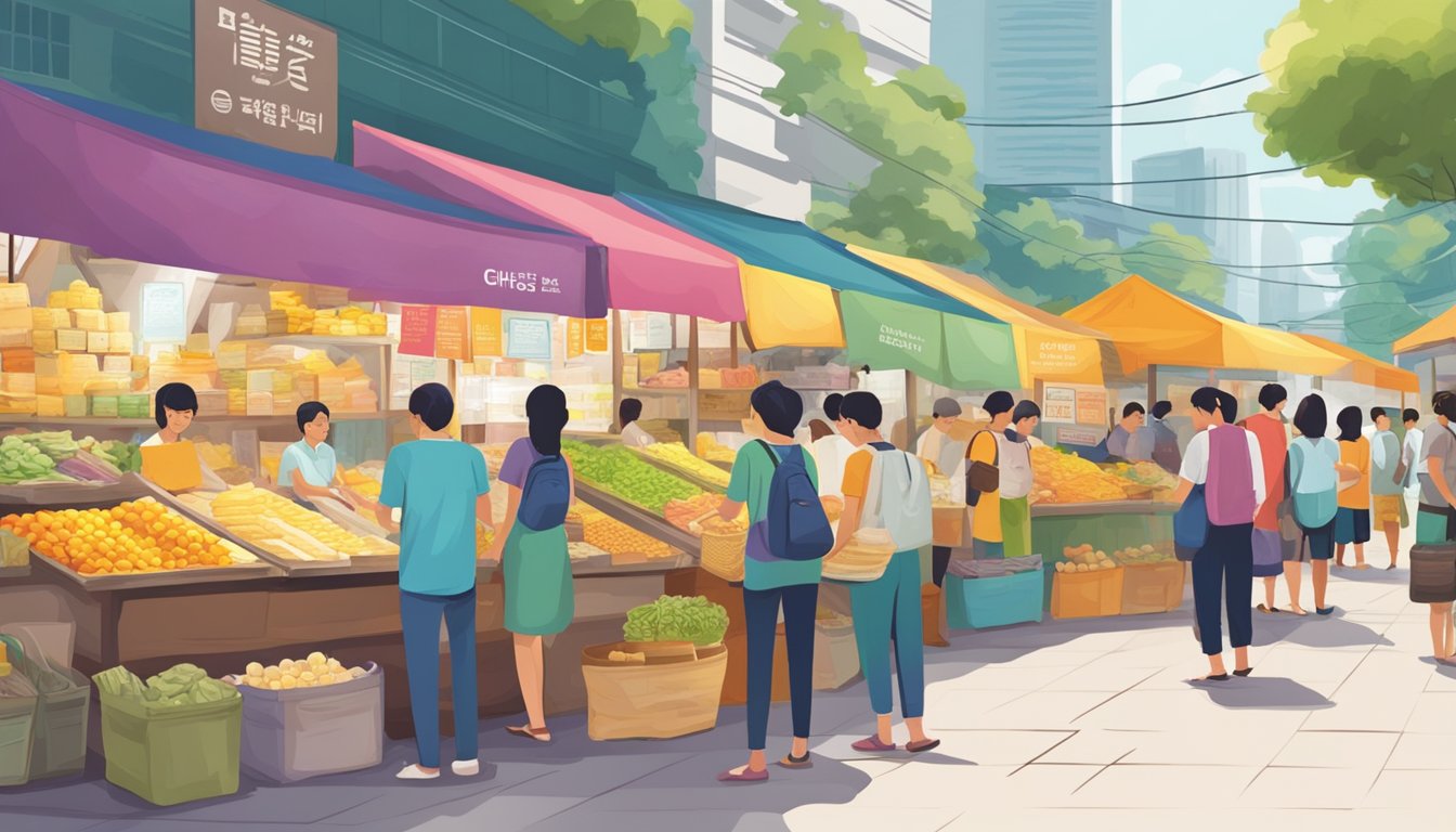 A bustling marketplace with colorful stalls selling organic ghee in Singapore. Customers browsing, vendors showcasing products, and signs advertising the sought-after item