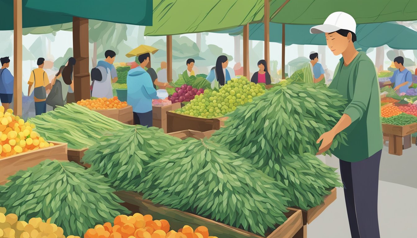 Eucalyptus leaves for sale at a vibrant Singaporean market. A vendor arranges the fragrant green leaves in neat piles, surrounded by other colorful produce