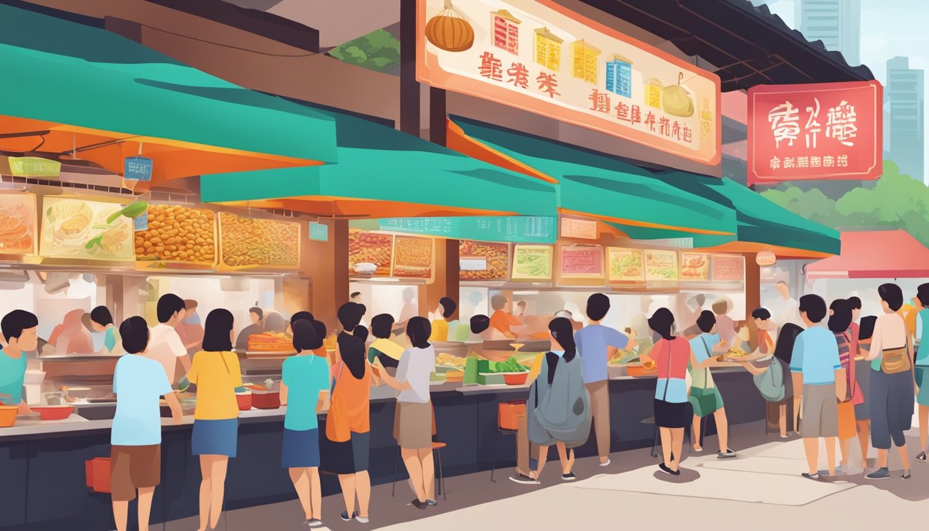 A bustling hawker center in Singapore, with colorful signage advertising "instant mala hotpot" at a food stall. Customers queueing up to order and enjoy the spicy and aromatic dish