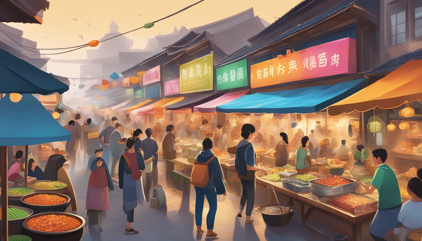 A bustling street market with colorful signage and steaming pots of mala hotpot, surrounded by eager customers