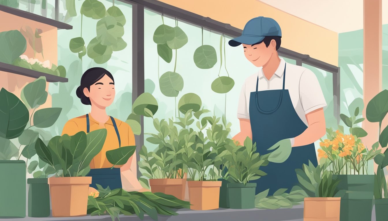 A customer at a local flower shop in Singapore carefully selects fresh eucalyptus leaves, while a friendly staff member advises on proper care and maintenance