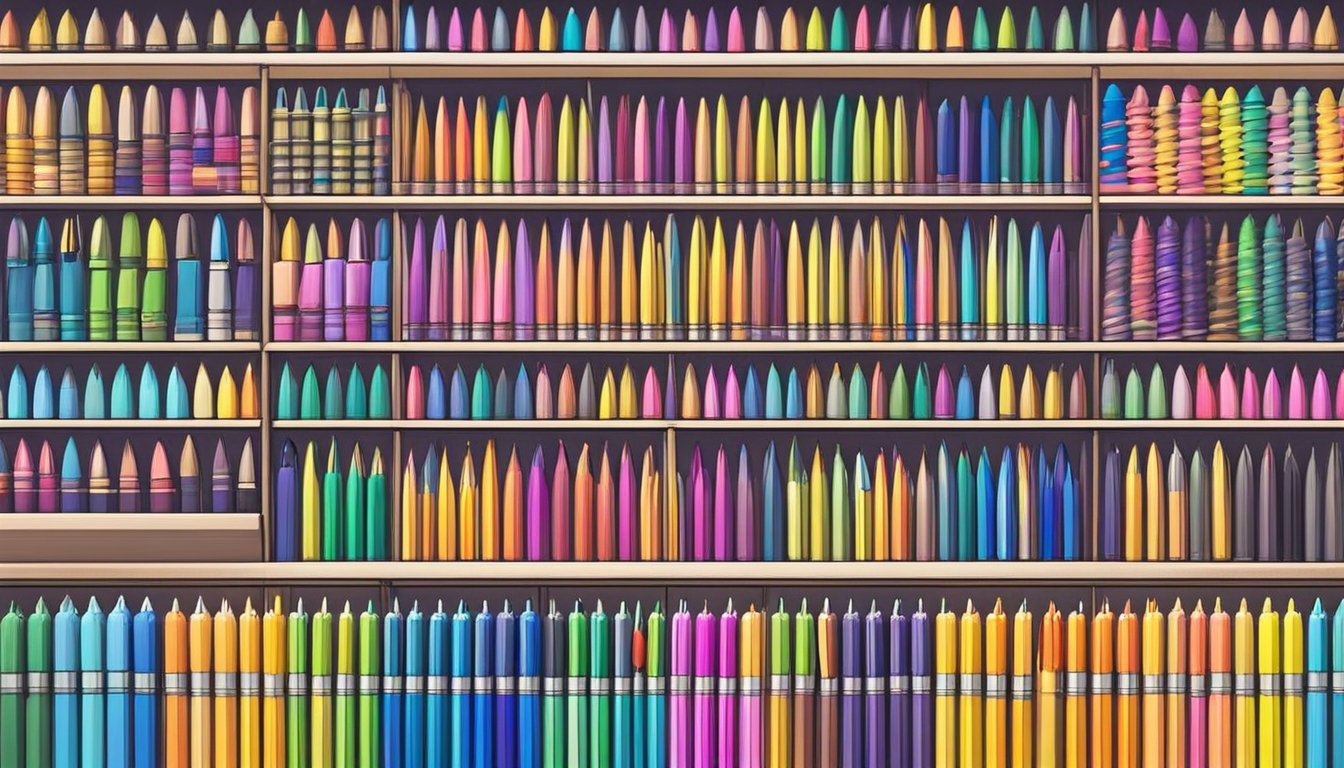 A colorful array of pens lines the shelves in a well-lit stationery store in Singapore. The store is neatly organized, with various brands and types of pens on display