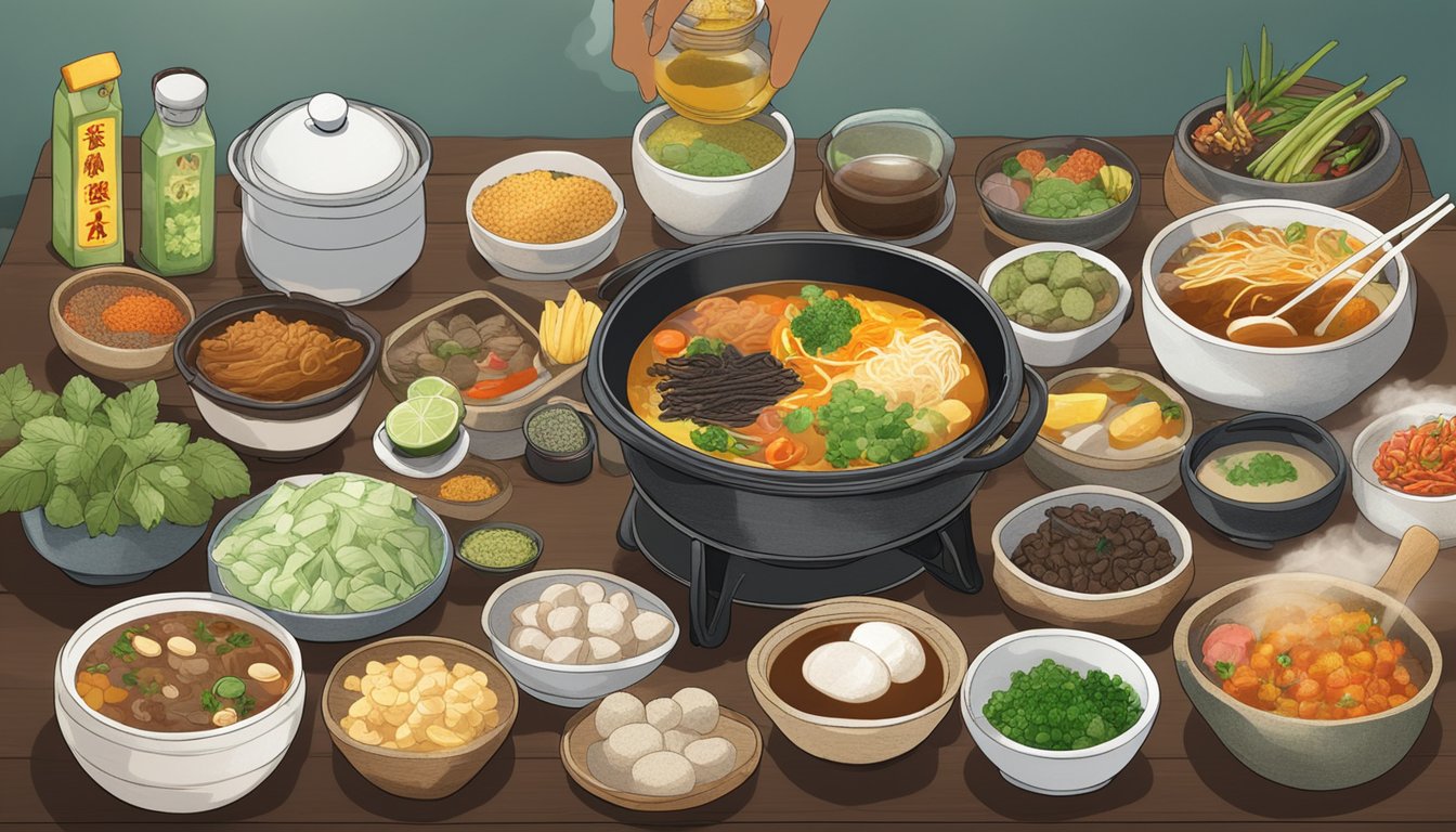 A table with a steaming pot of mala hotpot surrounded by various ingredients and condiments, with a sign indicating "Instant Mala Hotpot for Sale" in Singapore