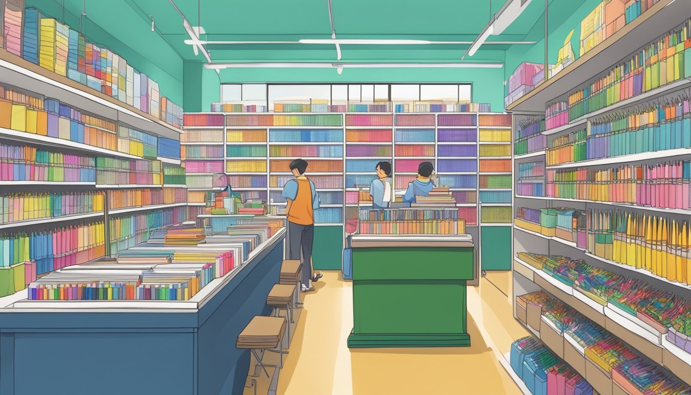 A bustling stationery store in Singapore, shelves lined with colorful pens and customers browsing