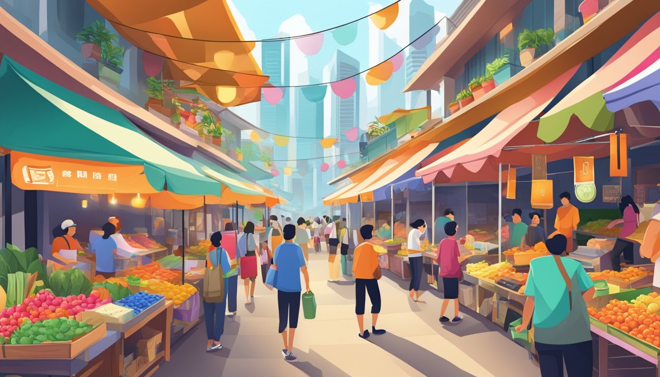 A bustling marketplace with colorful stalls selling various props in Singapore. Bright signage and diverse products line the aisles, creating a vibrant and lively atmosphere