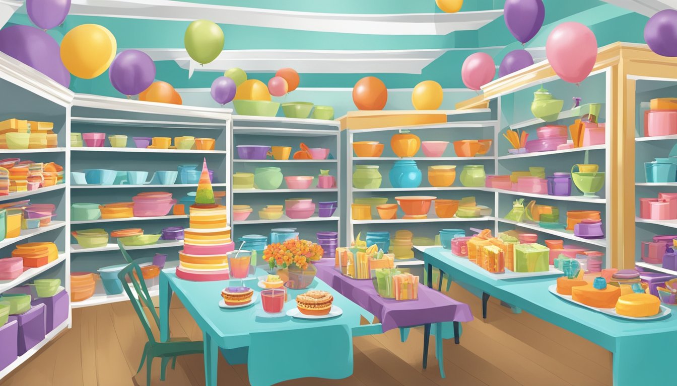 A colorful array of props lines the shelves of a rental shop, offering everything from elegant table settings to whimsical party decorations