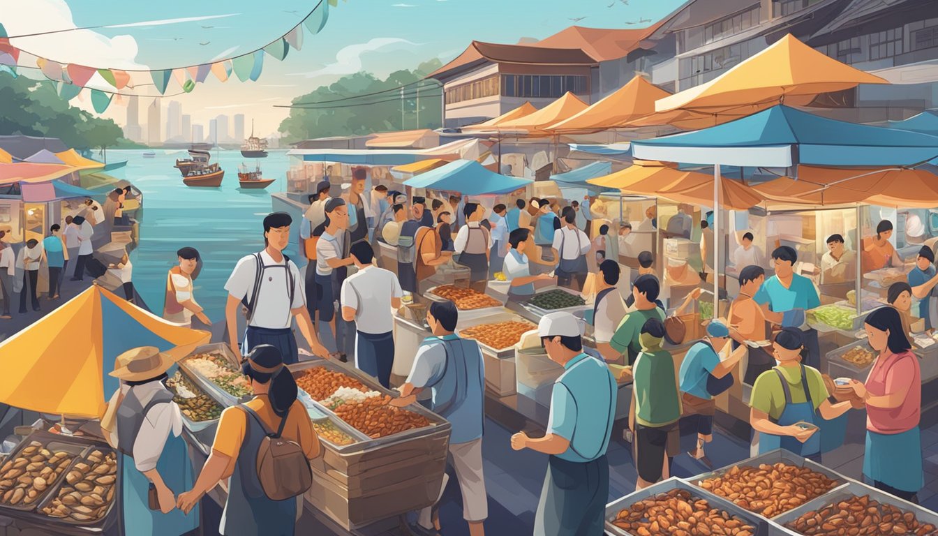 A bustling seafood market in Singapore, with vendors displaying fresh mussels on ice, surrounded by colorful signs and eager customers