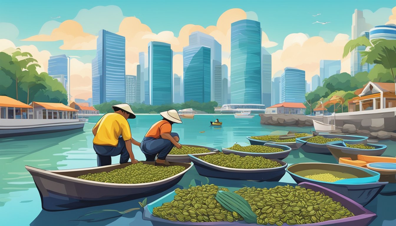 A fisherman gathers fresh mussels from the clear waters of Singapore, with colorful boats and buildings in the background