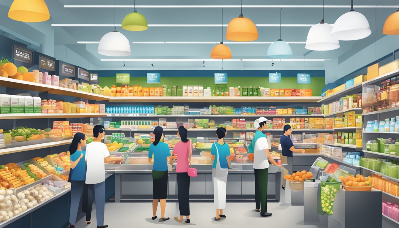 A bustling Singaporean marketplace displays various JML products on shelves and counters, with bright signage and friendly staff assisting customers