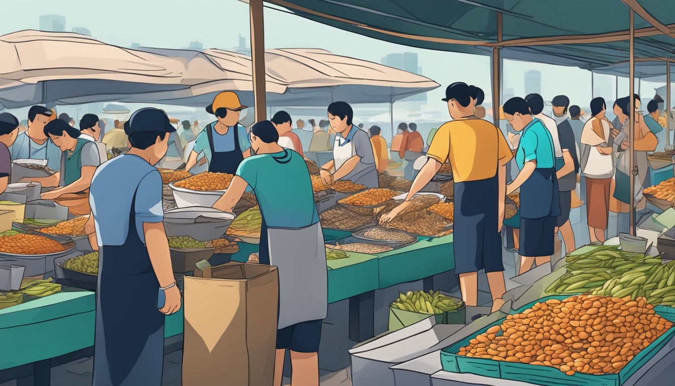 A bustling seafood market in Singapore, with colorful stalls and vendors selling fresh mussels to eager customers