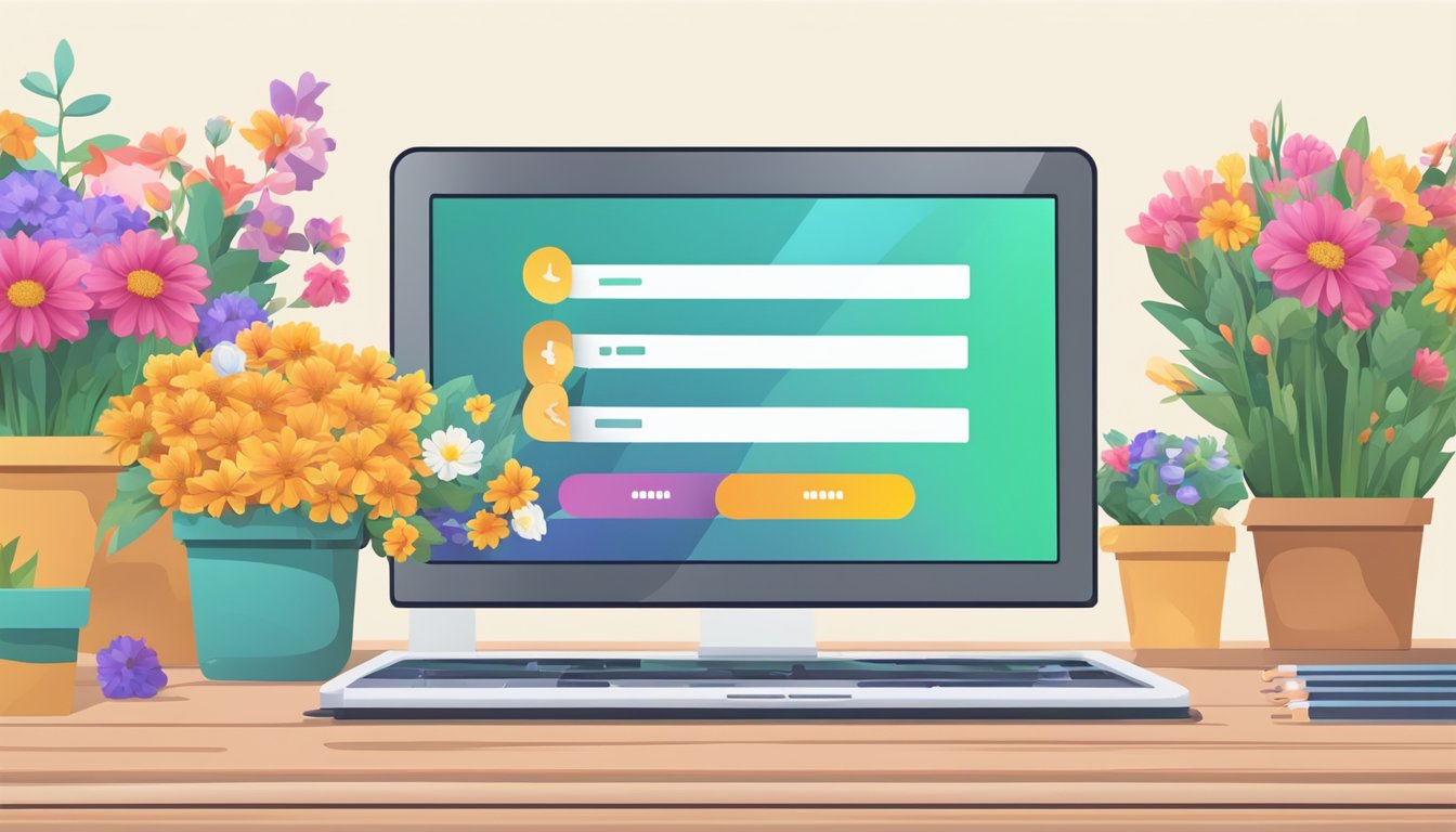 Colorful flowers fill a virtual cart on a computer screen, with a search bar asking "where can i buy cheap flowers online."