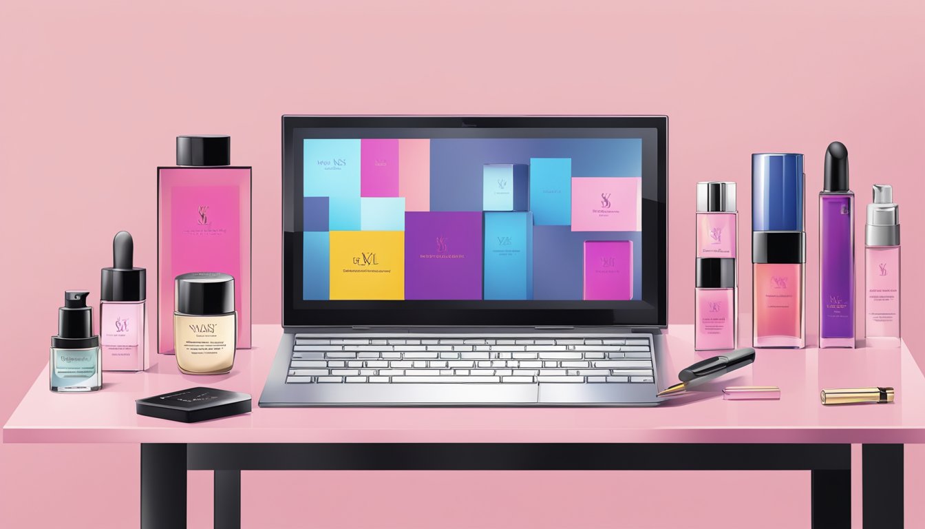 A computer screen displaying the YSL website with a variety of products available for purchase