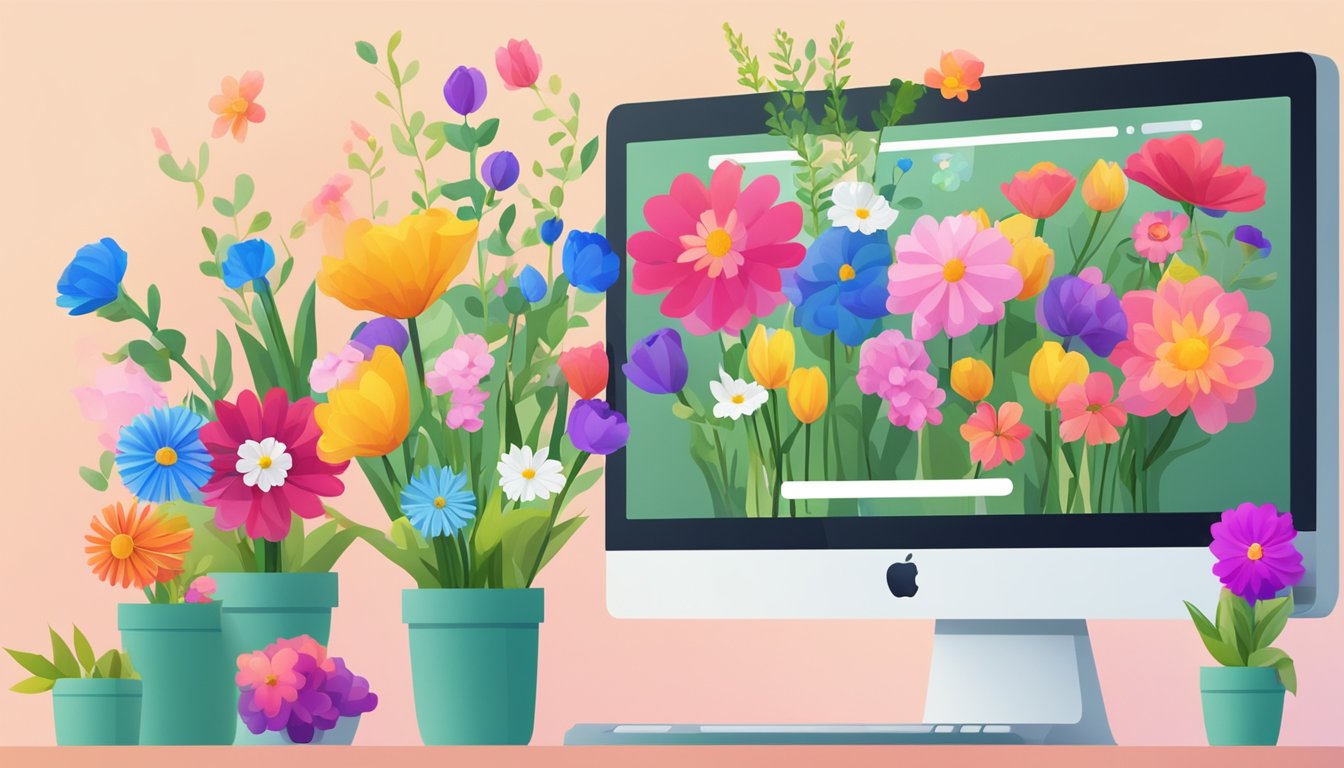 A computer screen shows a variety of colorful flowers on a website. The prices are displayed next to each bouquet, and a "buy now" button is prominent