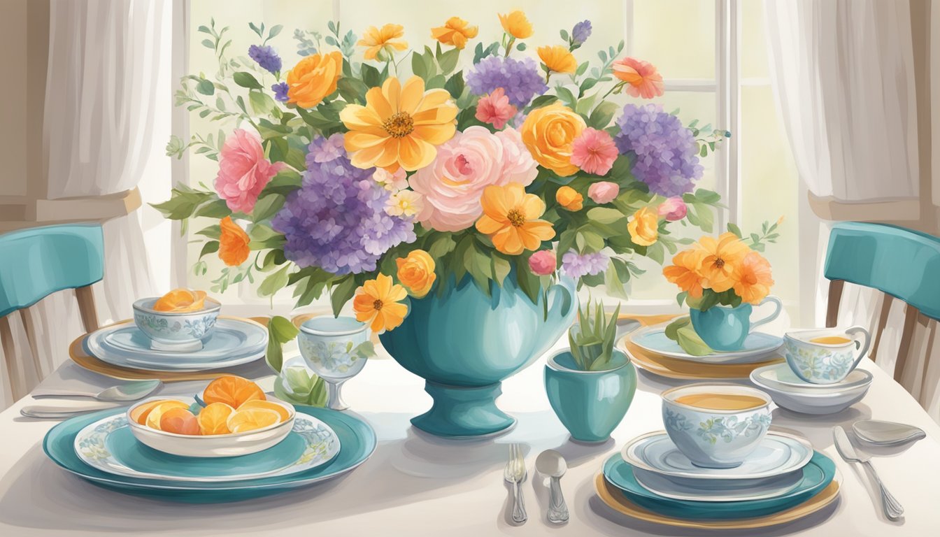 A table set with elegant dinnerware, adorned with fresh, colorful flowers. A vase filled with cheap, online-bought blooms adds a touch of beauty to the scene