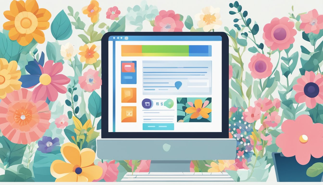 A computer screen displaying a website with a variety of colorful flowers and a "buy now" button