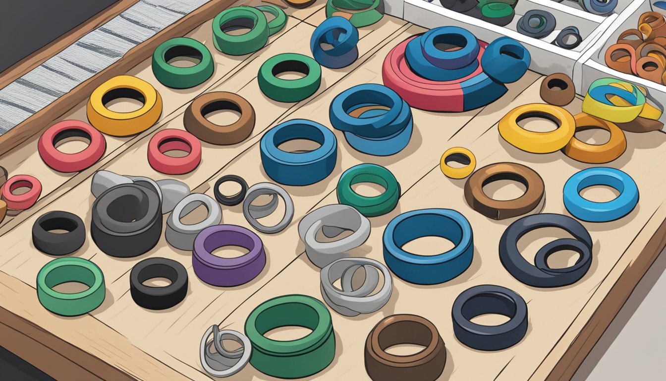 A table displaying various O-ring sizes and materials, with a sign indicating "Rubber O-rings for sale in Singapore" at a specialty store