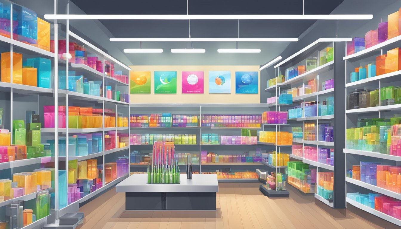 A bright, modern electronics store in Singapore displays a variety of high-quality selfie sticks on sleek, well-lit shelves
