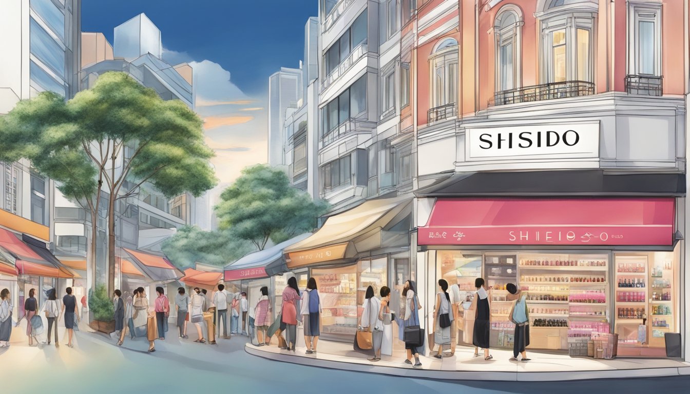 A bustling street in Singapore with a prominent sign for a beauty store carrying Shiseido hair products in the window display