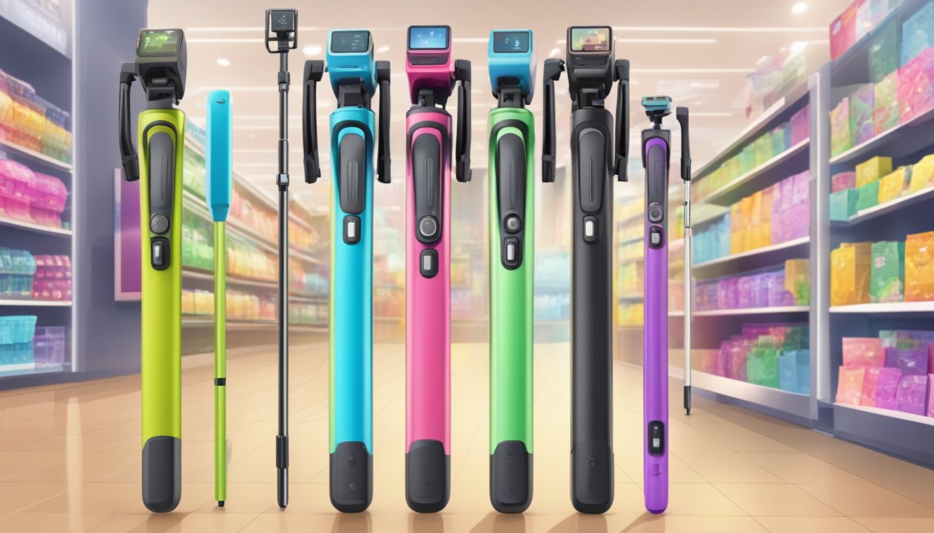A brightly lit electronic store display showcases a variety of quality selfie sticks with price tags and product descriptions in Singapore