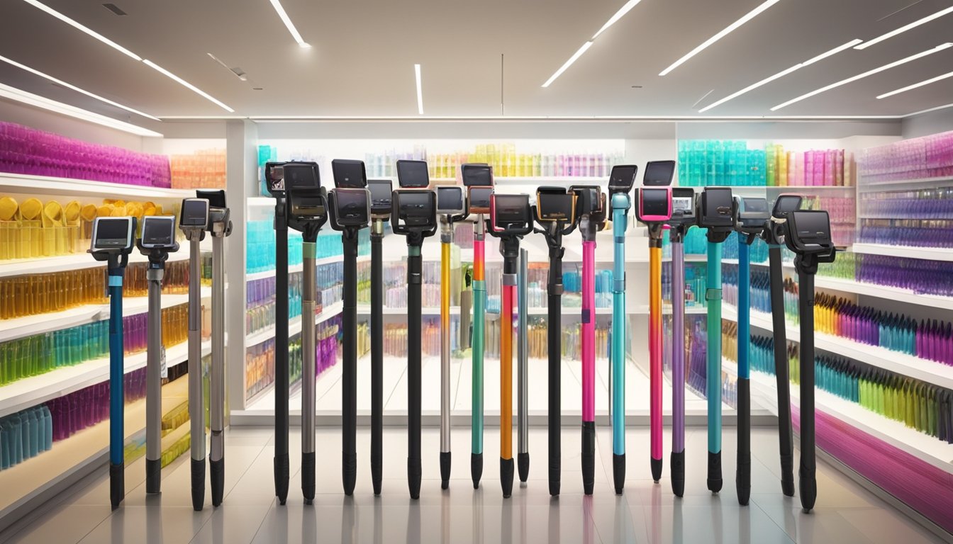 A display of selfie sticks in a well-lit store in Singapore, with various models and price tags clearly visible