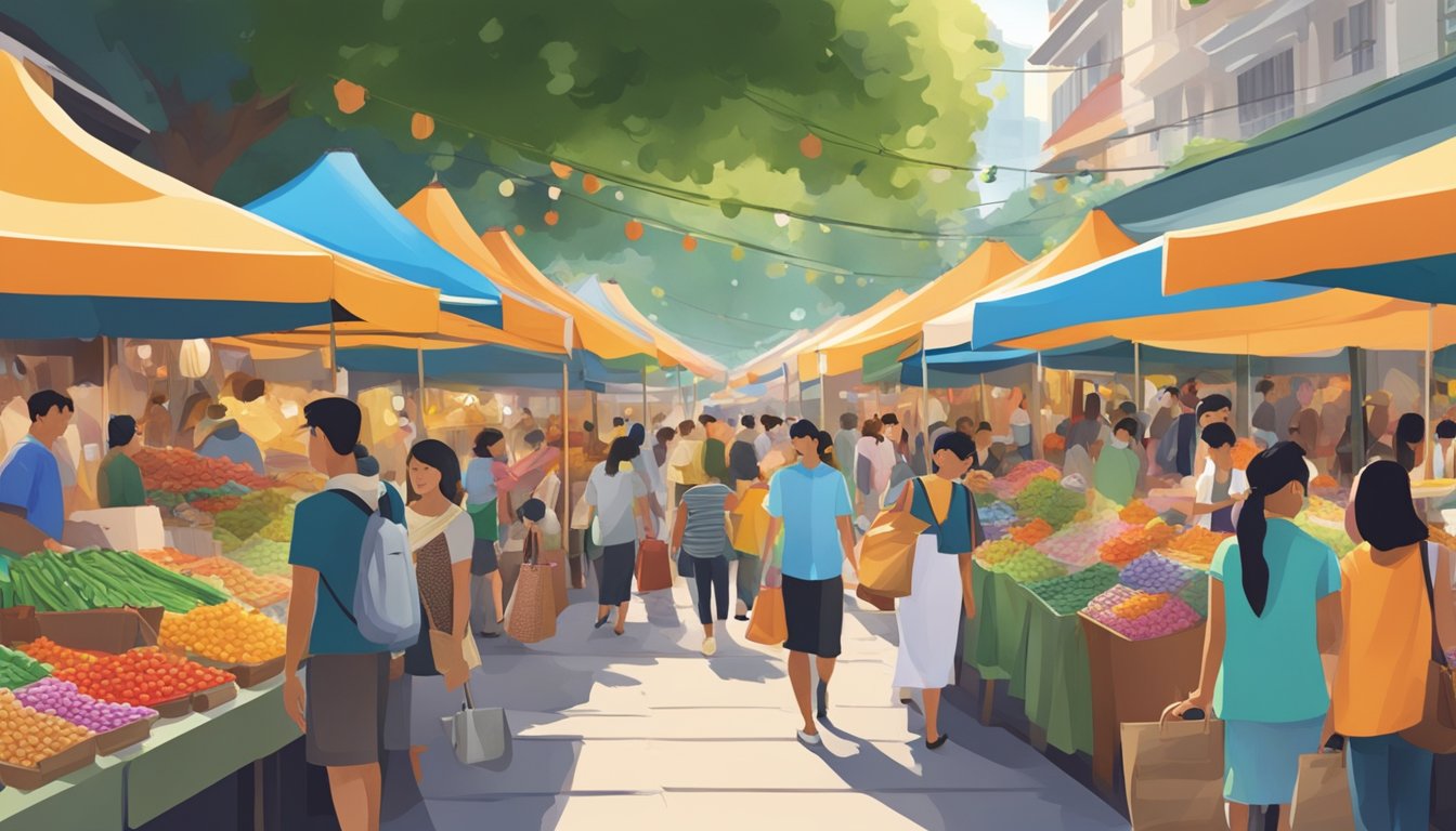 A bustling street market in Singapore, with colorful stalls selling a variety of accessories like jewelry, bags, and scarves. Bright signs and eager shoppers create a lively atmosphere