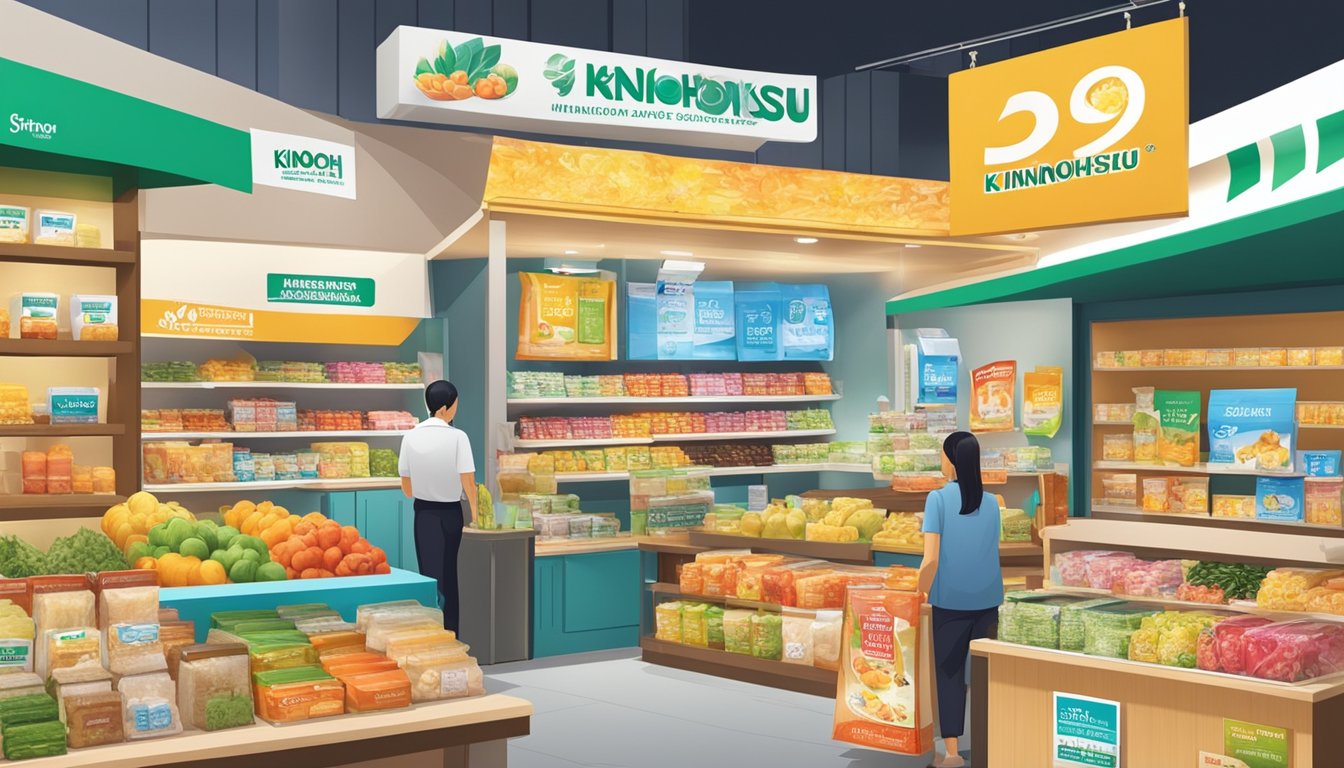 A bustling Singaporean market stall displays various Kinohimitsu products, with vibrant packaging and promotional signs catching the eye
