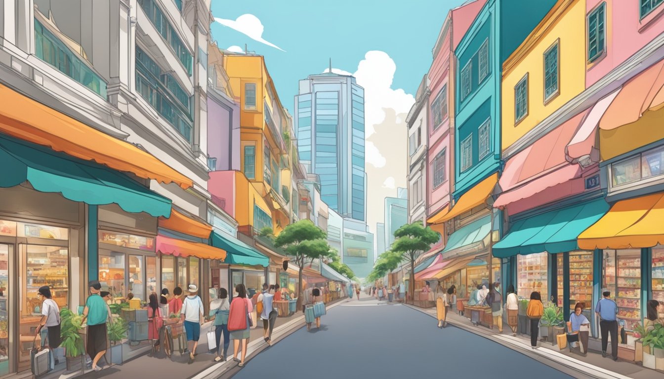 A bustling Singapore street lined with vibrant storefronts, featuring prominent Kinohimitsu retailers with eye-catching displays