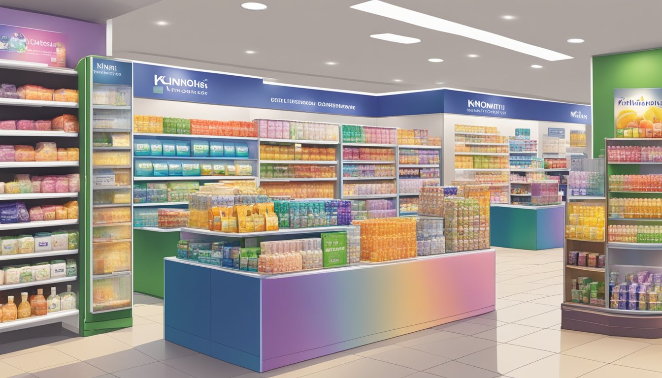 A vibrant display of Kinohimitsu products in a Singaporean store, with clear signage indicating where to purchase the items