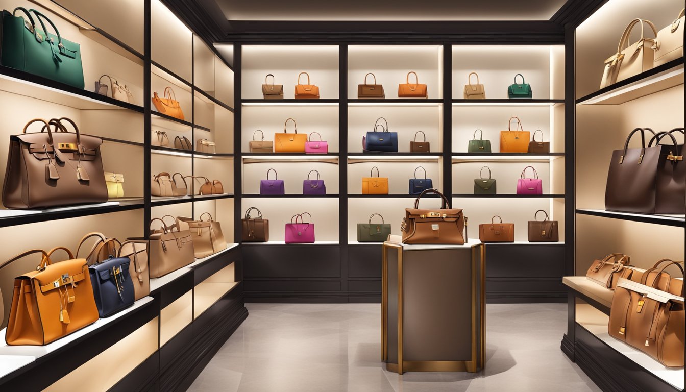 A luxurious boutique in Singapore displays a collection of Hermes Birkin bags in various colors and sizes, showcased on elegant shelves with soft lighting