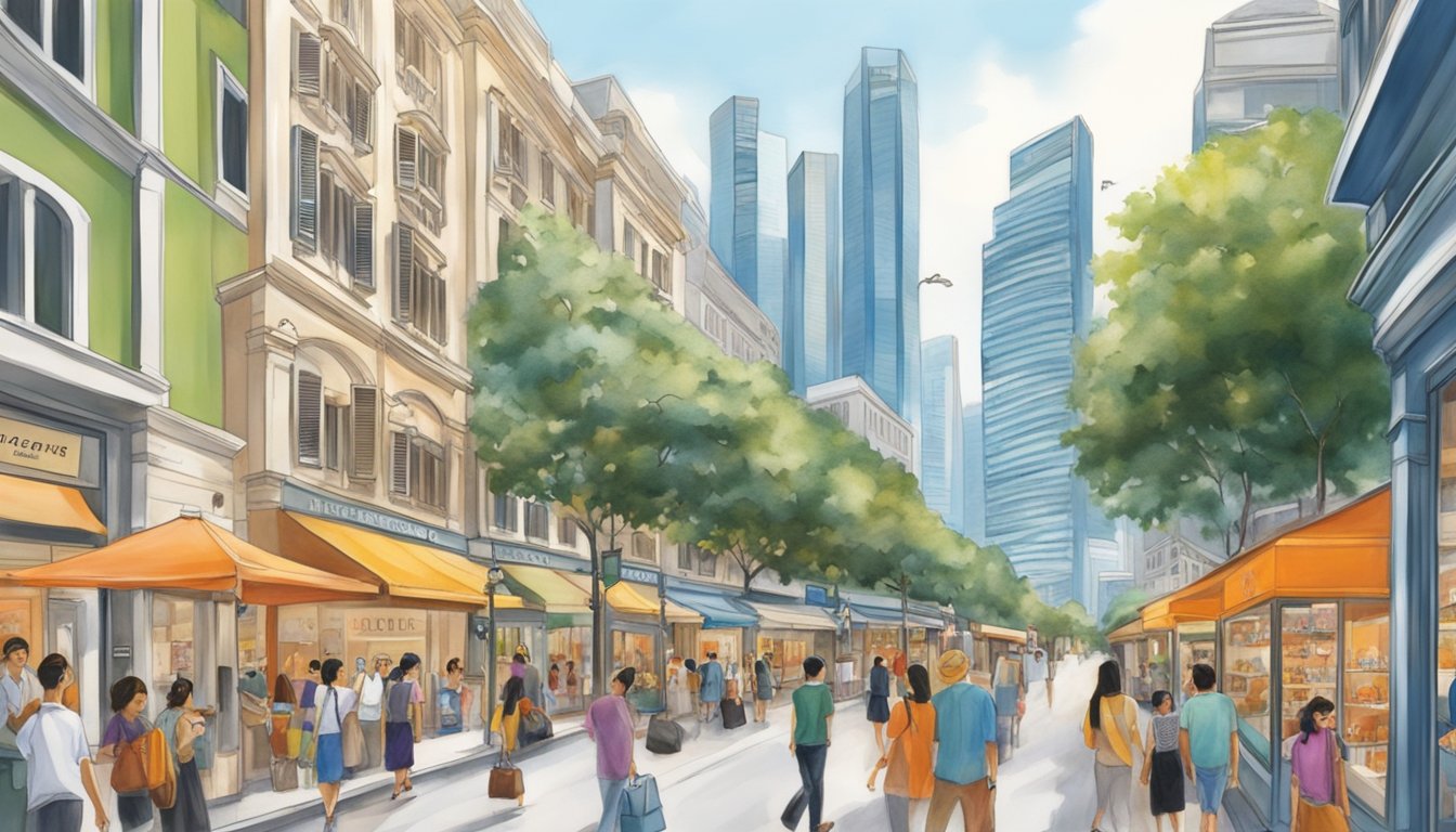 A bustling street in Singapore, with vibrant storefronts showcasing authentic Hermès Birkin bags. Shoppers eagerly browse through the luxurious displays, while the city's skyline looms in the background