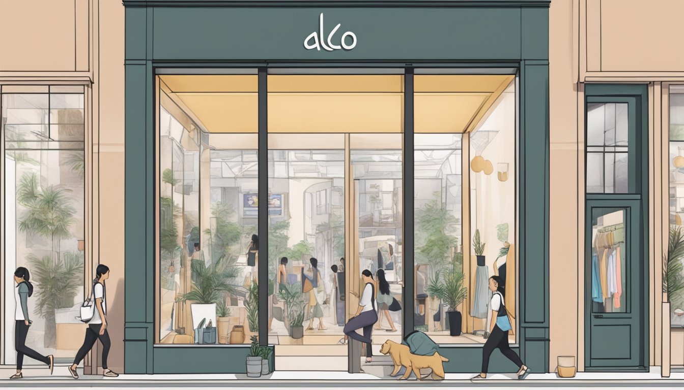 A busy street in Singapore, with a modern and stylish yoga wear store, displaying the brand "Alo Yoga" prominently in the storefront window