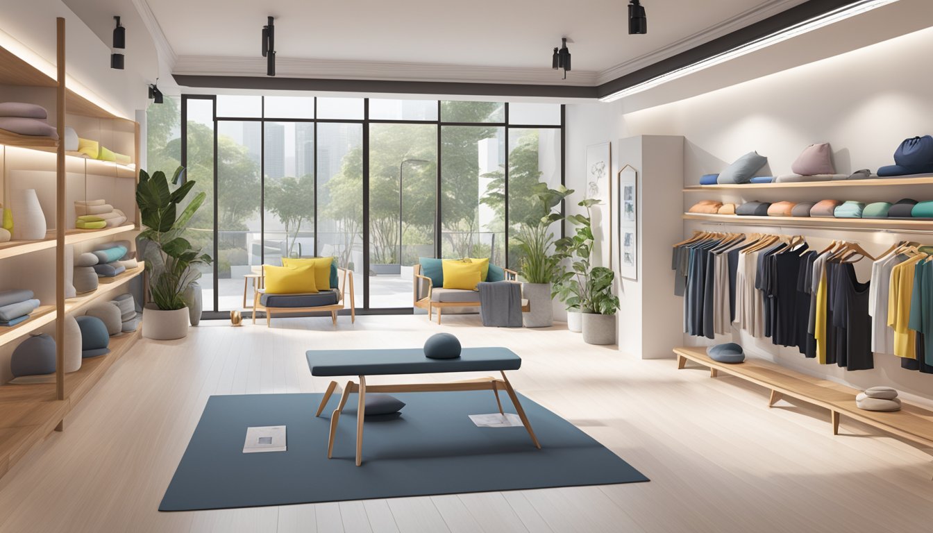 Alo Yoga store in Singapore, showcasing stylish activewear and accessories. Bright, modern interior with displays of yoga apparel and equipment