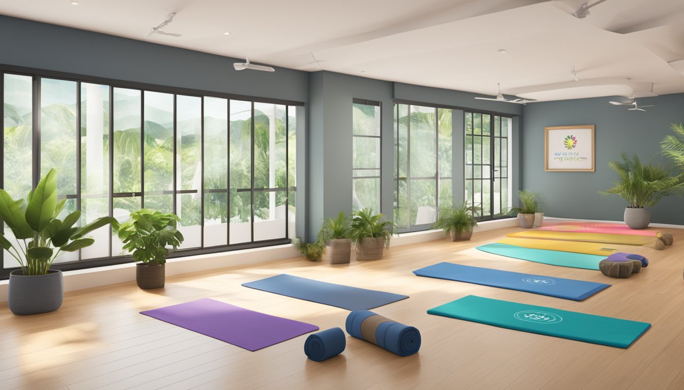 A serene yoga studio with "Exclusive Offers" signage and a vibrant wellness community in Singapore. Display "Alo Yoga" products prominently