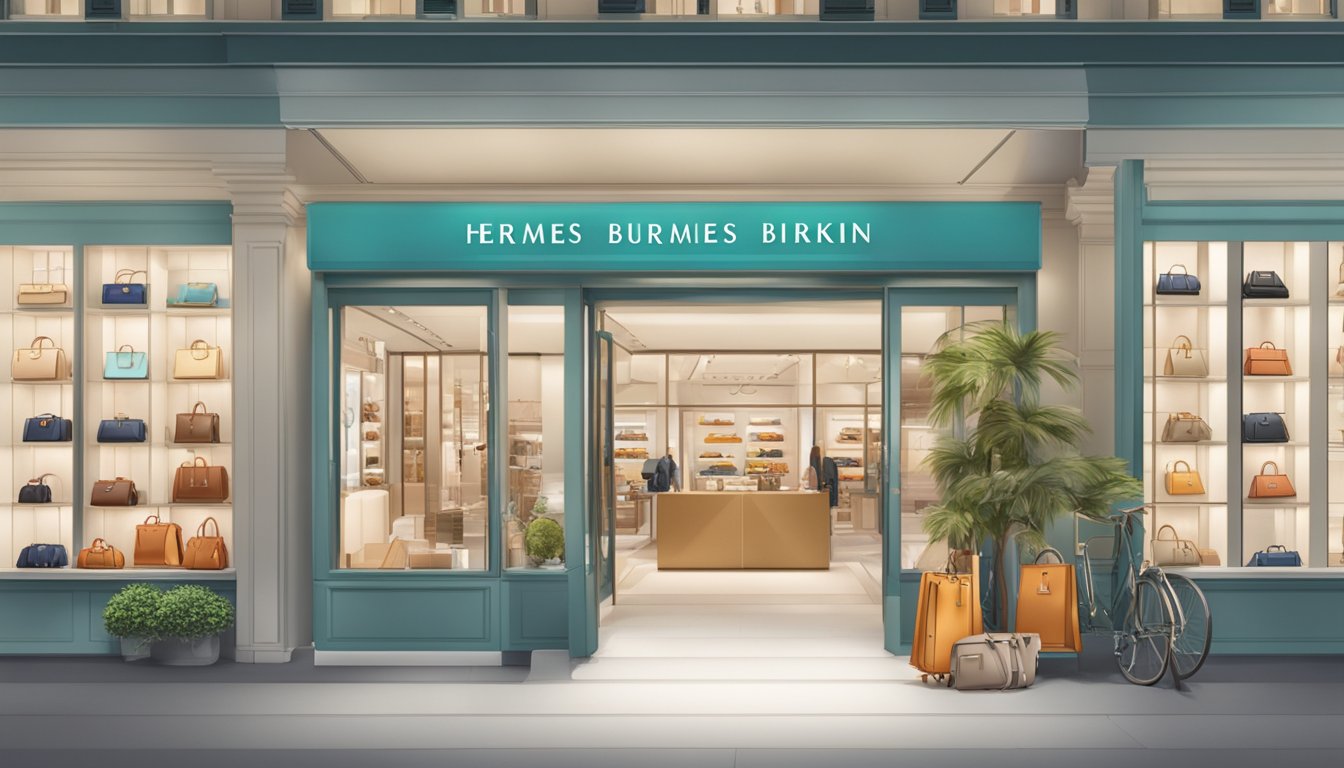 A luxurious store in Singapore displaying a variety of Hermes Birkin bags, with a sign indicating "Frequently Asked Questions" about purchasing them