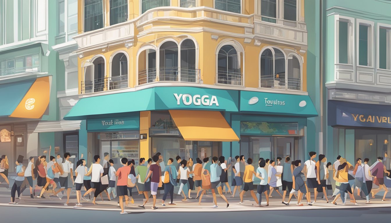 A busy city street with a prominent yoga studio sign and a crowd of people searching for the store in Singapore