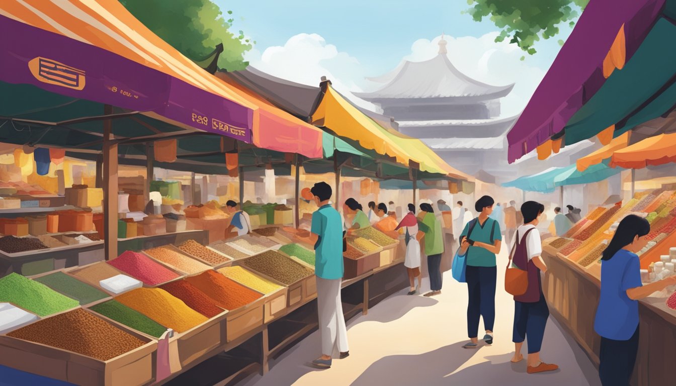 A bustling marketplace with colorful stalls selling various powders and spices in Singapore. A sign for "Florentine Powder" catches the eye of passersby