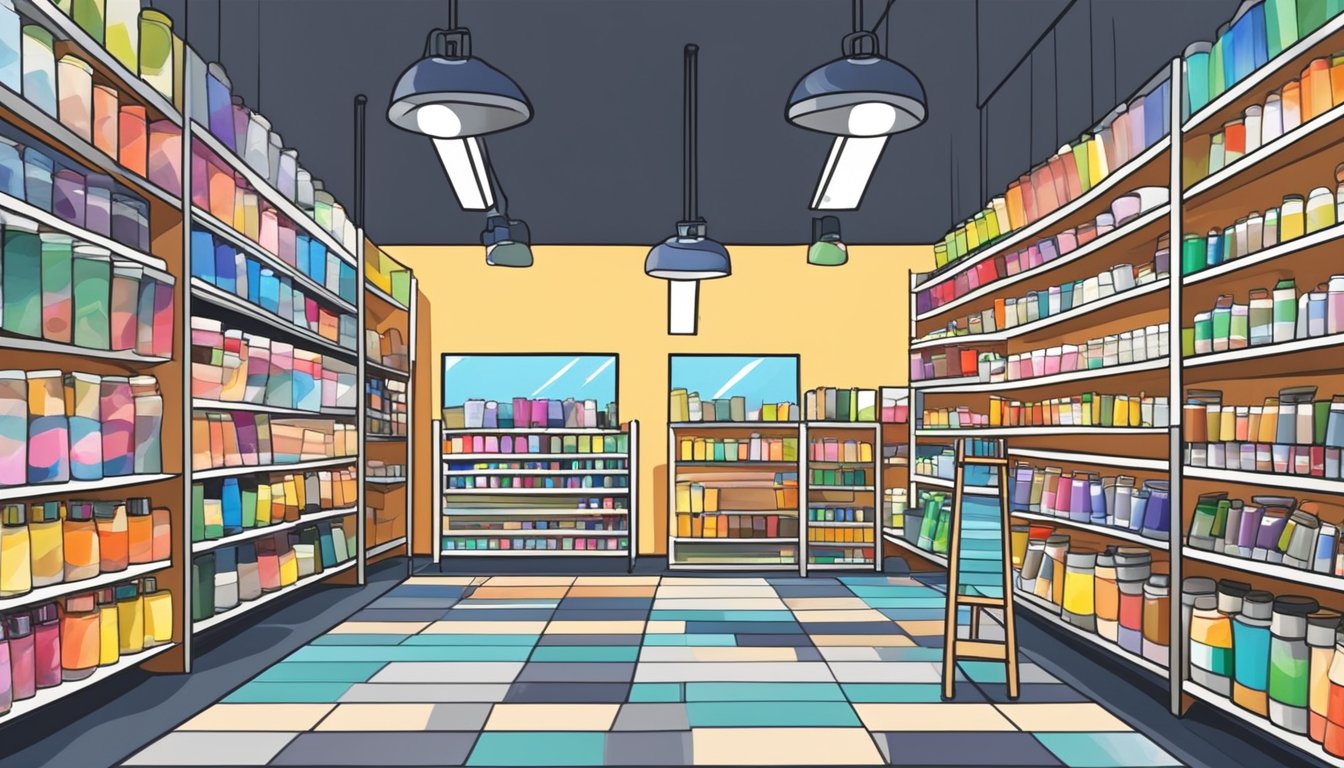 A bustling art supply store in Singapore, filled with colorful paints, brushes, and paper. Shelves stocked with a variety of craft materials and tools
