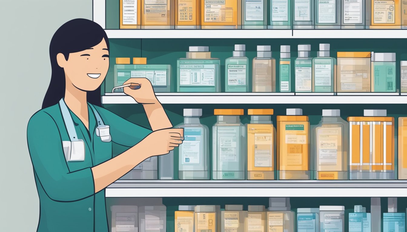 A hand reaches for a syringe box on a pharmacy shelf in Singapore. The label shows specifications for volume, needle size, and material