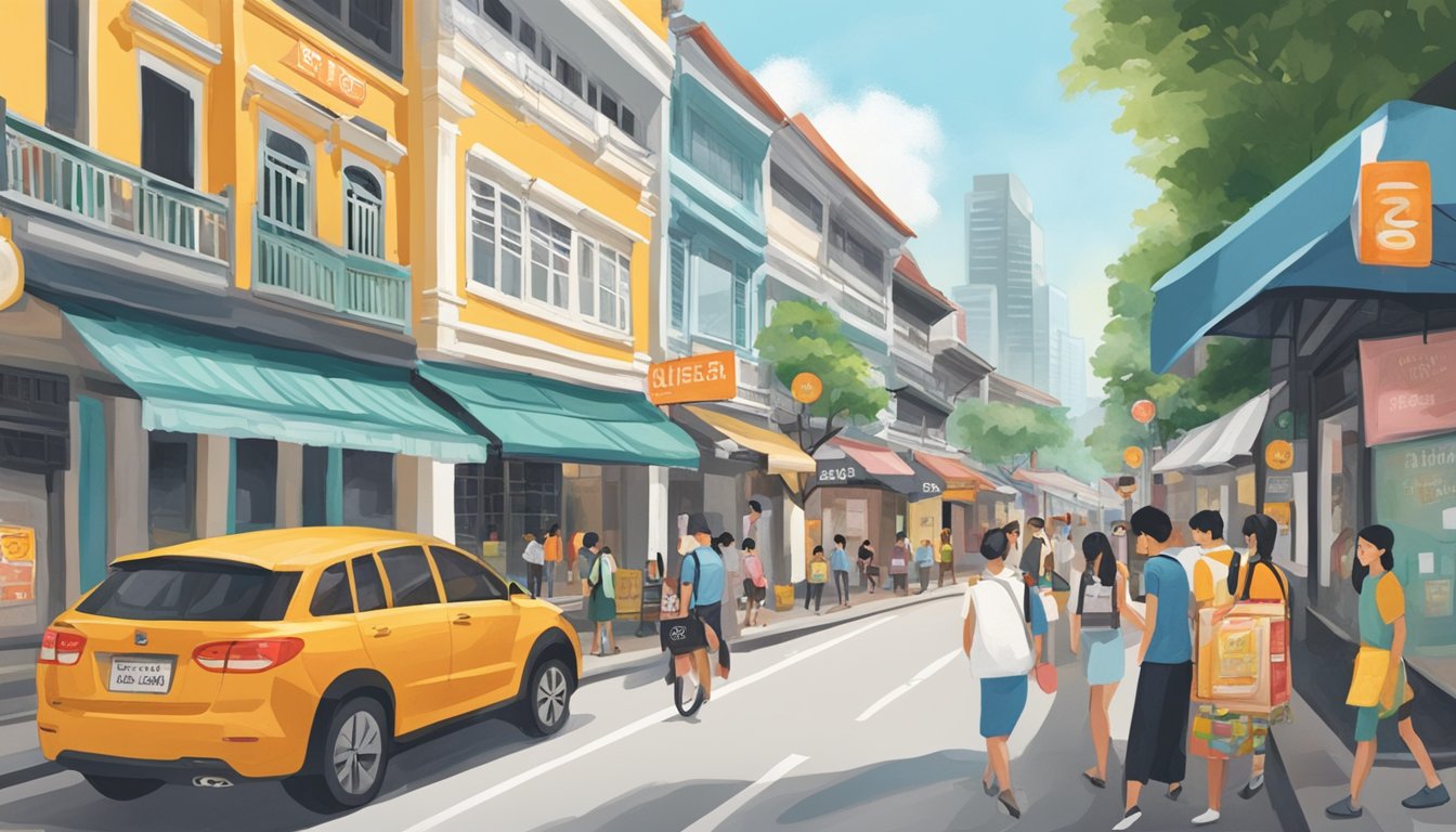A bustling street in Singapore, with colorful storefronts and crowded sidewalks. A sign reading "Irvins Salted Egg" stands out among the shops