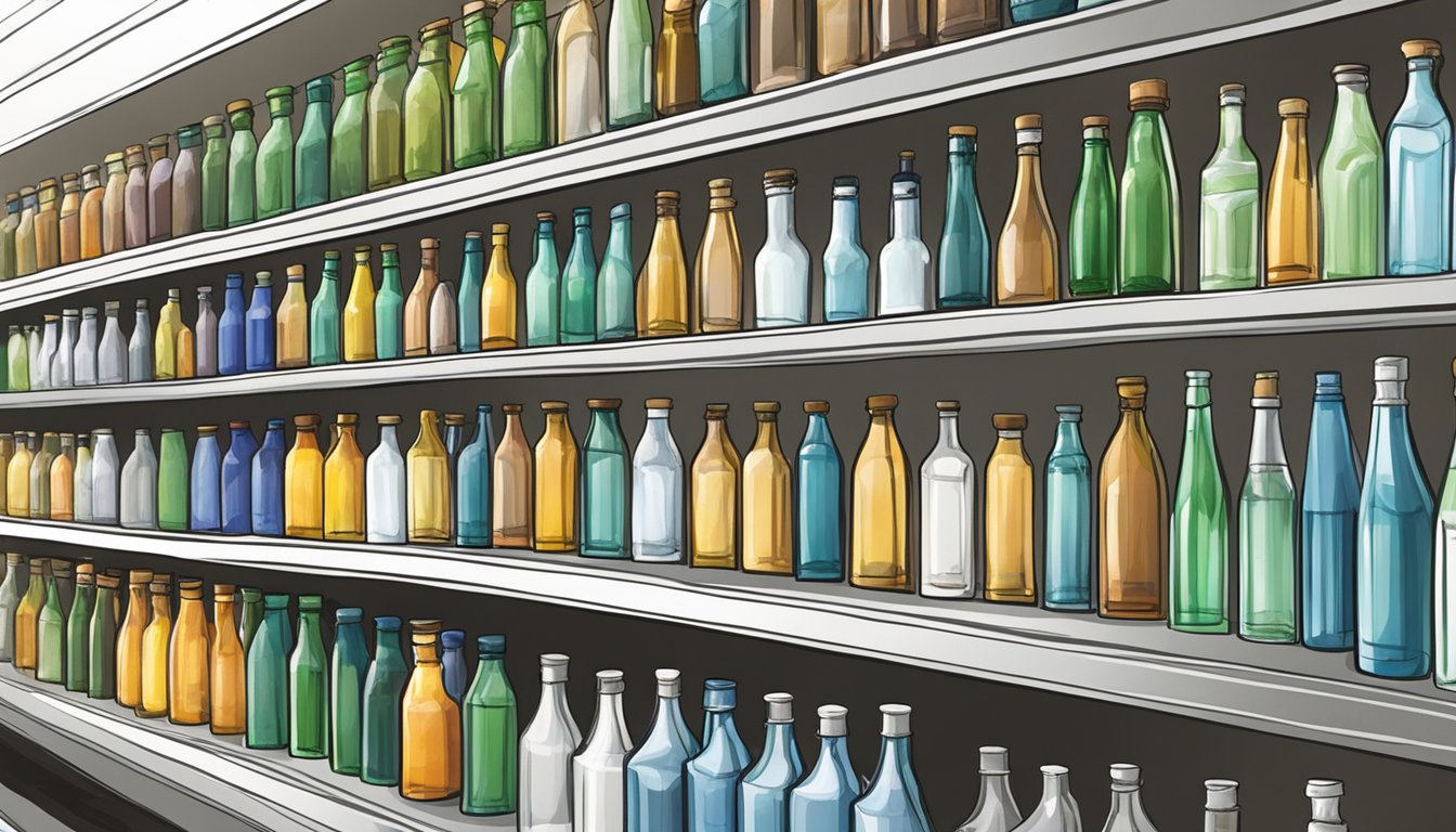 Glass bottles displayed on shelves in a well-lit store in Singapore. Various sizes and shapes available for purchase