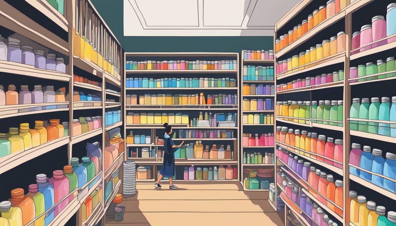 An artist explores shelves of colorful paints and shelves of crafting supplies in a bustling art and craft store in Singapore