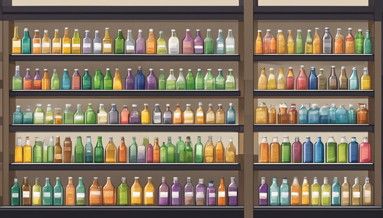 Shelves lined with glass bottles in various sizes and shapes, displayed in a well-lit shop in Singapore. Labels and colors pop against the clean, modern backdrop