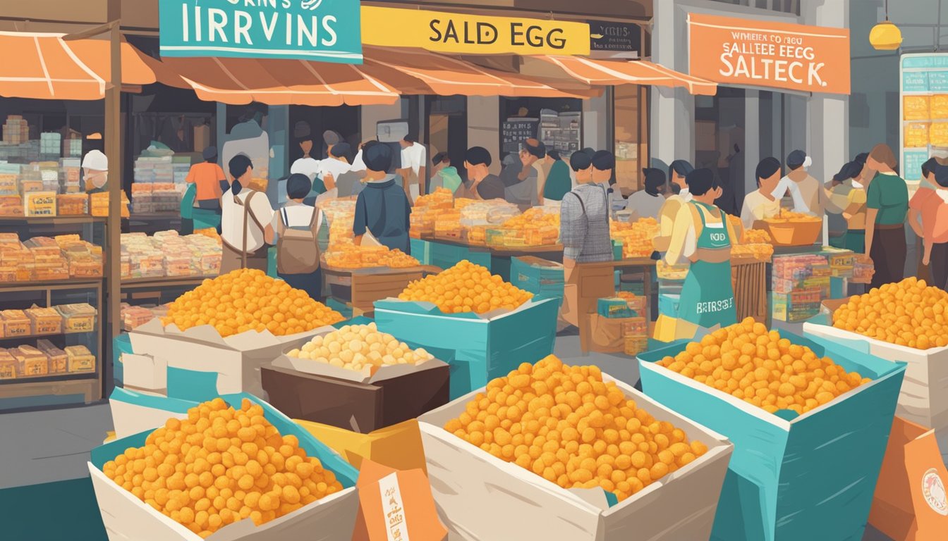 A crowded market stall displays Irvins Salted Egg Snacks in colorful packaging, with a sign reading "Where to Purchase Irvins Salted Egg Snacks" in bold letters